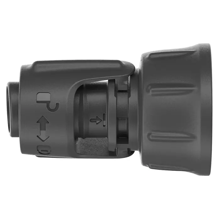 Gardena Micro-Drip Hahnanschlussstück - 1/2" x 13 mm - Detailaufnahme eines schwarzen Gardena-Schlauchstücks mit verschiedenen Symbolen zur Einstellung der Wasserzufuhr.
