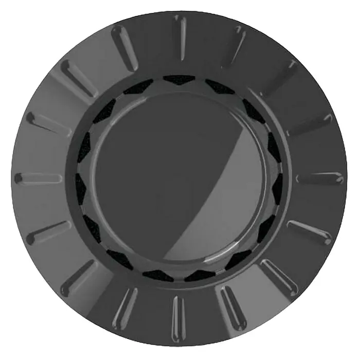 Gardena Micro-Drip Sprühdüse 360° - 5 Stk., 360 ° - Abbildung einer grauen Radkappe mit einem glatten, glänzenden Finish und dekorativen Aussparungen.