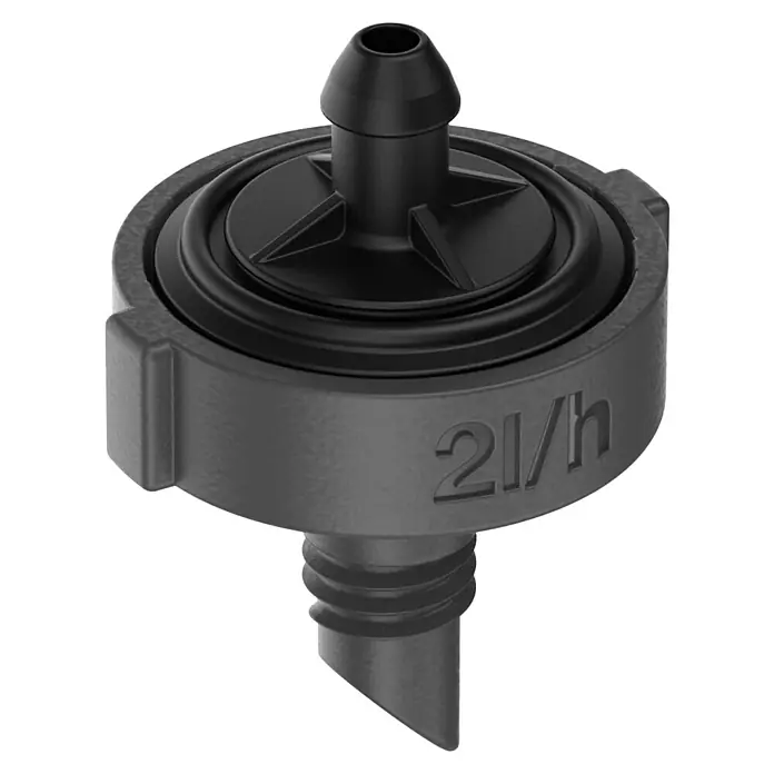 Gardena Micro-Drip Endtropfer druckregulierend - 10 Stk., Max. Wasserdurchfluss: 2 l/h - Nahaufnahme eines schwarzen 2l/h Tropfers für Bewässerungssysteme, ideal für eine präzise Wasserversorgung von Pflanzen.