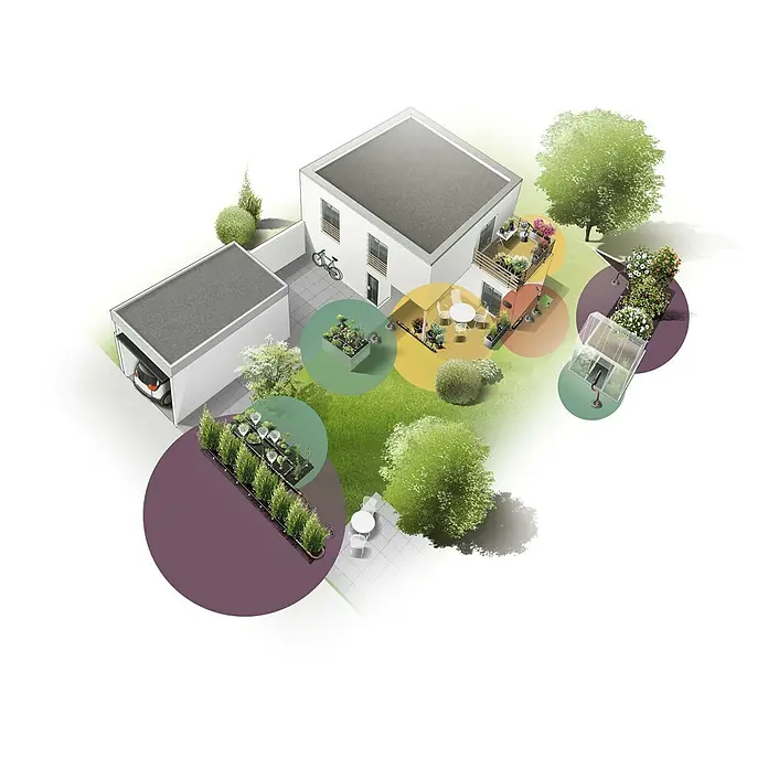 Gardena Micro-Drip Bewässerungs-Set Balkon Start-Set - Geeignet für: Bis zu 15 Topfpflanzen, Passend für: Bis zu 15 Topfpflanzen - Abbildung eines stilvollen Hauses mit Garagenanbau und begrüntem Garten, der ein Gewächshaus und Hochbeete umfasst.