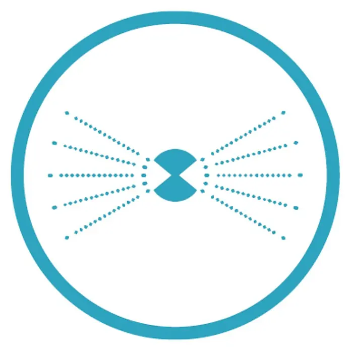 Gardena Micro-Drip Streifendüse - 5 Stk., Wurfweite: 5,5 m - Blaues Icon mit Kreissymbol und einer abstrahierten Darstellung von Laserstrahlen, die von einem Zentrum ausgehen.
