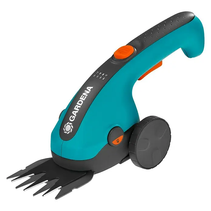 Gardena ClassicCut Akku-Gras- & Strauchschere Li Set - 3,6 V, Li-Ionen, 1 Akku, Schwertbreite: 8 cm - Bild einer GARDENA Akku-Grasschere mit Akkuanzeige, orangefarbenen Knöpfen und schwarzen Klingen.