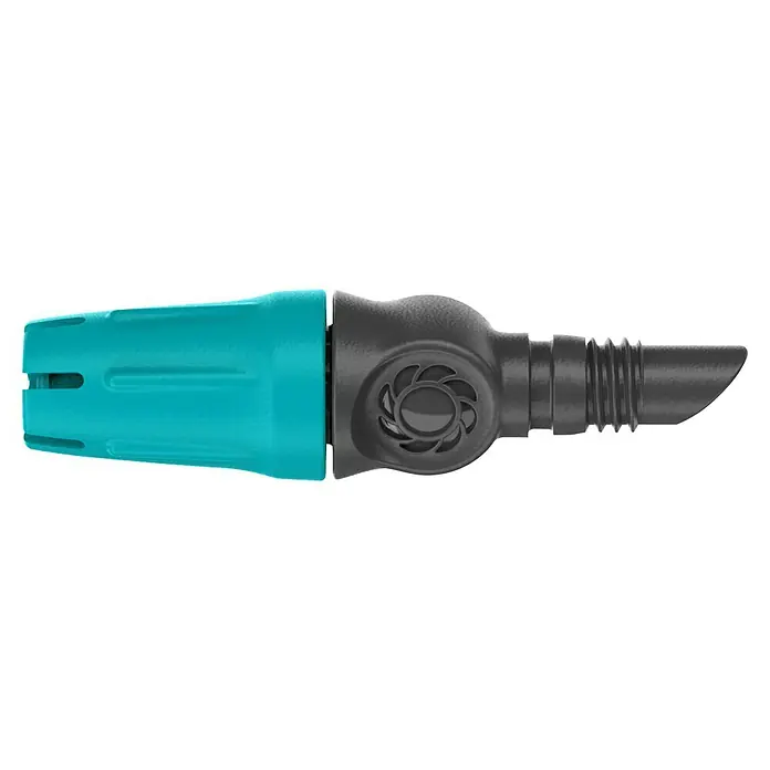 Gardena Micro-Drip Kleinflächendüse - 10 Stk., 1/2" x 13 mm - Nahaufnahme eines Aqua-Lock-Gartenschlauchverbinders, der aus blauem und grauem Kunststoff gefertigt ist und eine sichere und wasserdichte Verbindung gewährleistet.