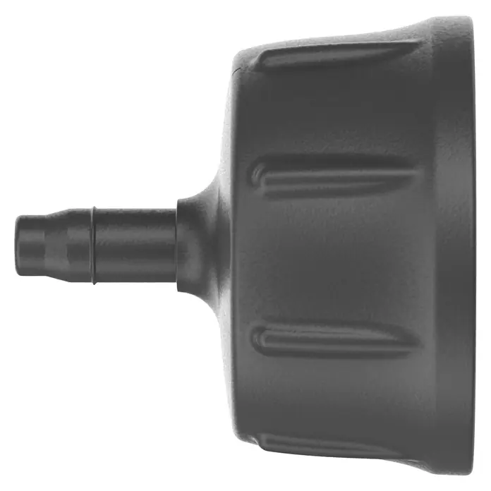 Gardena Micro-Drip Hahnanschlussstück - 3/16" x 4,6 mm - Nahaufnahme einer grauen Schlauchverschraubung, die eine sichere und zuverlässige Verbindung für Schläuche bietet.