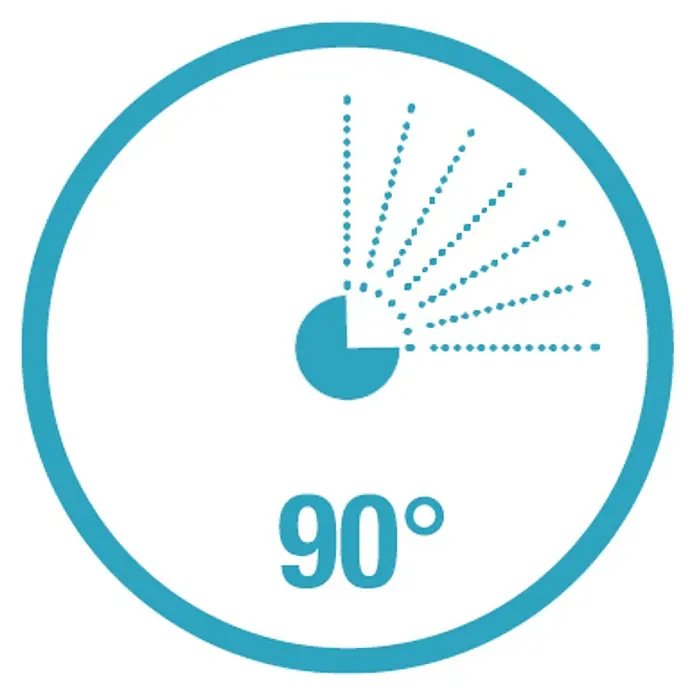 Gardena Micro-Drip Sprühdüse 90° - 5 Stk., 90 ° - Das Symbol zeigt einen Sprinkler, der einen 90°-Bereich bewässert, dargestellt durch einen Viertelkreis mit Spritzpunkten.