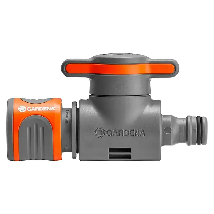 Gardena Regulierventil - Wasserdurchfluss einstellbar, Kunststoff - Gardena Wasserhahn-Verbinder: Robuster, grauer Wasserhahn-Verbinder mit orangefarbenem Griff und Gardena-Logo für zuverlässige Gartenbewässerung.