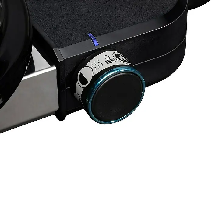 Weber Elektrogrill Lumin - Grillfläche (B x T): 49 x 33 cm, 2.200 W, Mintgrün - Nahaufnahme eines schwarzen Thermostatknopfes mit blauer Umrandung und Symbolen auf einem Gerät.