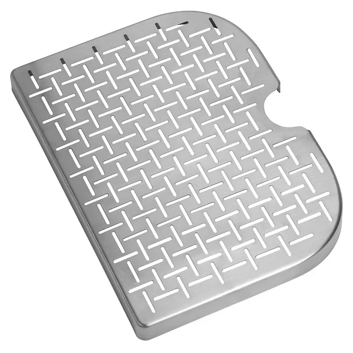 Weber Elektrogrill Lumin - Grillfläche (B x T): 49 x 33 cm, 2.200 W, Mintgrün - Abtropfblech aus gebürstetem Edelstahl mit rechteckigem Schlitzmuster und einer Aussparung für Espressomaschinen zur Verwendung in der Gastronomie.