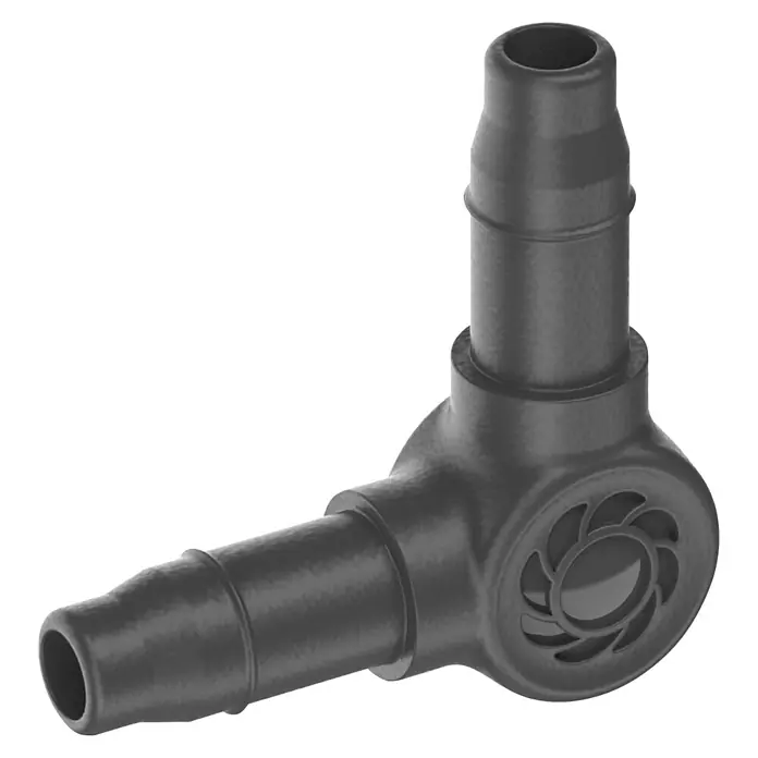 Gardena Micro-Drip L-Stück - Durchmesser Anschluss: 4,6 mm, 10 Stk., Kunststoff - Das Bild zeigt ein schwarzes, rechtwinkliges Schlauchverbindungsstück. Die Kupplung ist aus Kunststoff und für Schläuche mit kleinem Durchmesser gedacht.