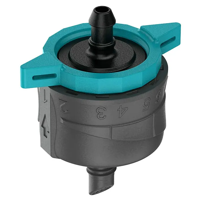 Gardena Micro-Drip Endtropfer druckregulierend - 5 Stk., Max. Wasserdurchfluss: 8 l/h - Nahaufnahme eines Gardena Regulierbaren Endtropfers, ideal für die präzise Bewässerung im Garten.