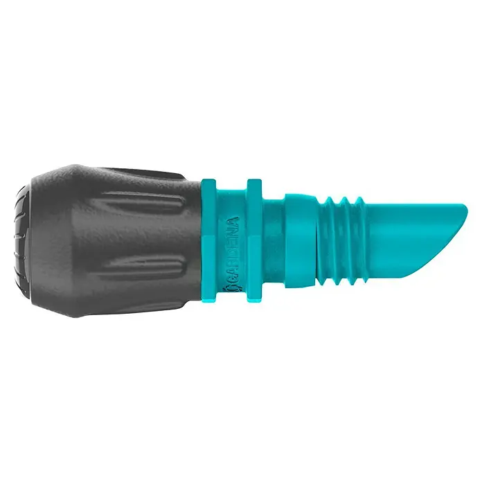 Gardena Micro-Drip Nebeldüse - 1/2" x 13 mm - Eine Nahaufnahme eines Gardena-Schlauchverbinders mit einem grauen Griff und einem türkisfarbenen Ende. Der Verbinder ist für Gartenschläuche konzipiert.