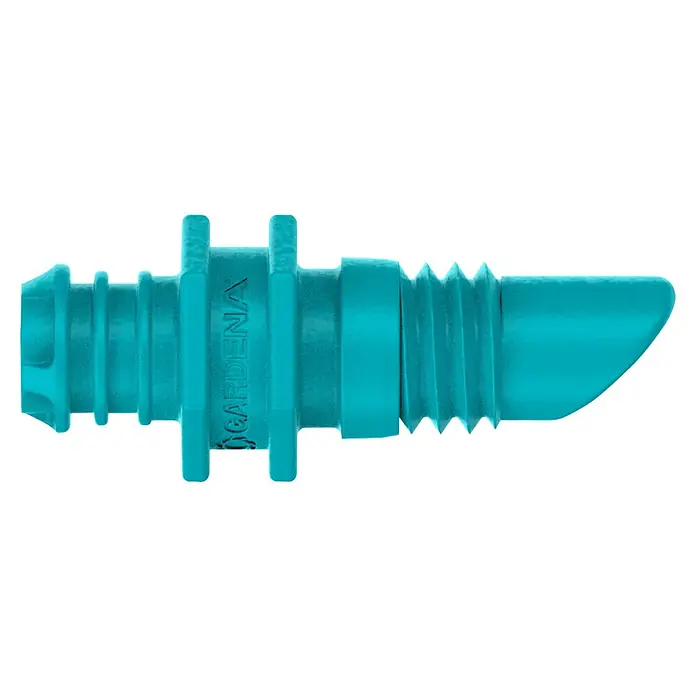 Gardena Micro-Drip Endtropfer - 25 Stk., Max. Wasserdurchfluss: 2 l/h - Nahaufnahme eines Gardena Micro-Drip-System Endtropfers in Türkis, ideal für die präzise Bewässerung einzelner Pflanzen im Garten.