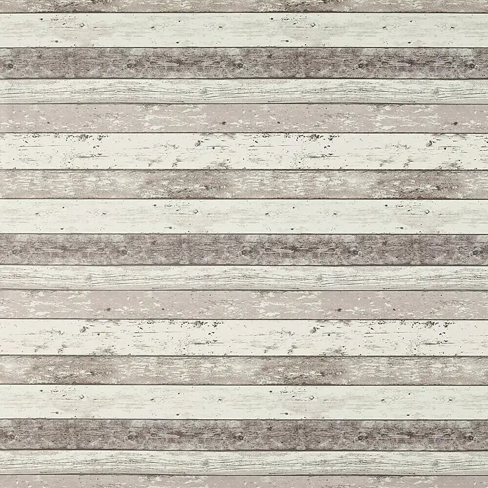 D-c-fix Manhattan Tischdecke Meterware Yvonne - Breite: 140 cm, Natur - Dieses Bild zeigt eine Bretterwand mit weißen, beigen und grauen Holzbrettern, die eine rustikale und vielseitige Oberfläche bieten.