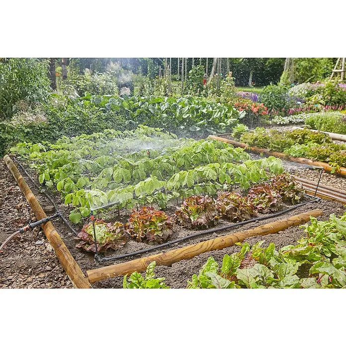 Gardena Micro-Drip Kit de riego - Específico para: Macizos de hortalizas y flores de hasta 60 m². - Primer plano de un huerto con un sistema de riego que riega diversos cultivos como lechuga y plantas verdes.