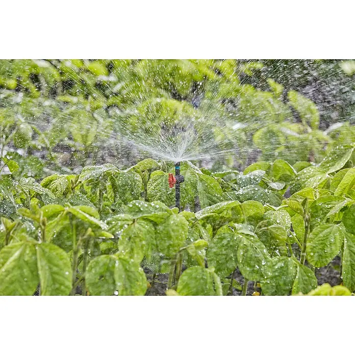 Gardena Micro-Drip Tobera pulverizadora - 5 ud., 360° - Aspersor regando plantas verdes, hojas cubiertas de gotas de agua. Riego de jardín para plantas saludables y florecientes.
