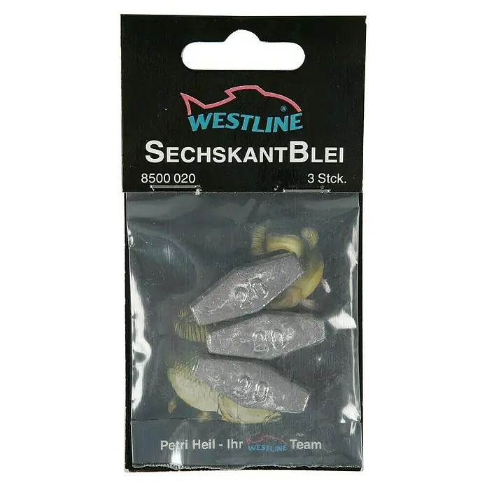 Westline Sechskantblei - 60 g, 3 Stk. - Packung mit drei Westline Sechskantblei-Angelgewichten, jeweils mit der Aufschrift "20", in einer durchsichtigen Plastikverpackung mit schwarzem Hintergrund.