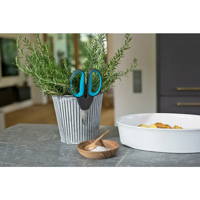 Gardena Schere HerbCut mit Holter - Geeignet für: Kräuter - Ein Topf mit frischem Rosmarin steht neben Küchenkräuterschere, Schale mit Salz und Kartoffeln auf einer Küchentheke.