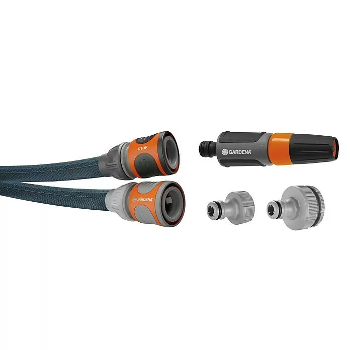 Gardena Gartenschlauch Liano Xtreme Set - 30 m, Schlauchdurchmesser: 13 mm - Gardena Schlauchverbinder, eine Brause und Hahnanschlüsse in Grau, Schwarz und Orange.