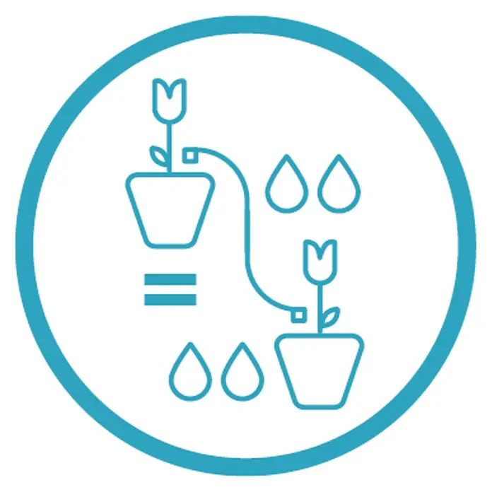 Gardena Micro-Drip Endtropfer druckregulierend - 10 Stk., Max. Wasserdurchfluss: 2 l/h - Das Bild zeigt eine Bewässerungsanlage für Pflanzen mit einem Wasserkreislauf, der durch einen blauen Kreis hervorgehoben wird.