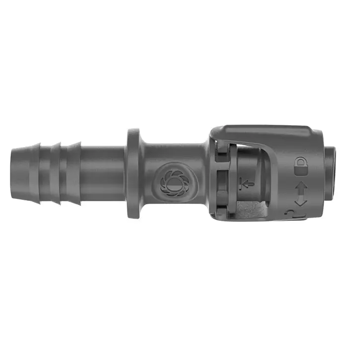 Gardena Micro-Drip Verbinder - 1/2" x 13 mm, Passend für: Gardena Verlegerohre, 1 Stk. - Graues Kunststoff-Schlauchverbindungsstück mit Rippen, einem Flansch und einem Entriegelungsmechanismus für sichere Verbindungen.
