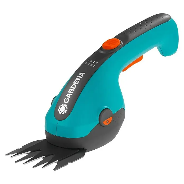Gardena ComfortCut Akku-Gras- & Strauchschere LI - 3,6 V, Li-Ionen, 1 Akku, Schwertbreite: 8 cm - Das Bild zeigt eine akkubetriebene Grasschere von Gardena, ideal für präzise Rasenkanten und kleine Flächen. Sie ist blau-grau und hat orangefarbene Akzente.