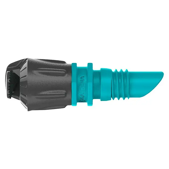 Gardena Micro-Drip Sprühdüse 180° - 5 Stk., 180 ° - Nahaufnahme eines GARDENA-Wasserhahnsanschlusses mit einem grauen Befestigungsstück und einem blaugrünen Schlauchstutzen.