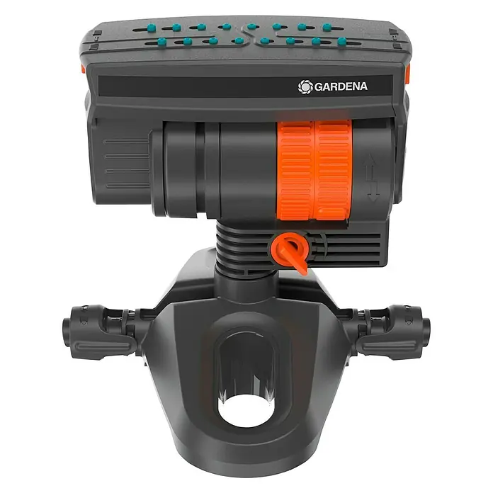 Gardena Micro-Drip Viereckregner OS 90 - Max. Regnerfläche: 90 m², Schwarz/Orange - Detailaufnahme eines GARDENA Vielflächenregners zur Gartenbewässerung, der sich ideal für rechteckige und quadratische Rasenflächen eignet.