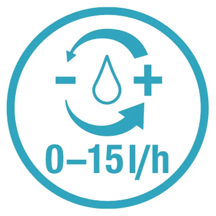 Gardena Micro-Drip Regulierbarer Reihentropfer - 10 Stk., 15 l/h - Symbol für einstellbare Wasserdurchflussmenge von 0-15 l/h, dargestellt durch einen Wassertropfen, Pfeile und Plus-/Minuszeichen.