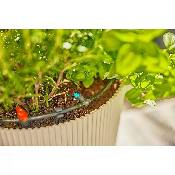 Gardena Micro-Drip Bewässerungs-Set Terrasse Start-Set - Passend für: Bis zu 30 Topfpflanzen - Tropfbewässerungssystem mit schwarzem Schlauch und blauen und roten Tropfern, das grüne Kräuter in einem hellgrauen Pflanztopf bewässert.