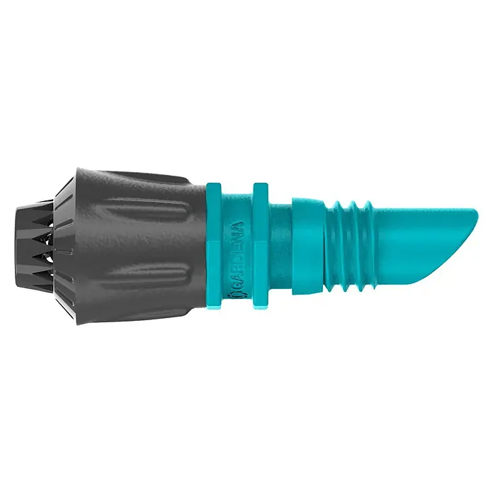 Gardena Micro-Drip Sprühdüse 360° - 5 Stk., 360 ° - Nahaufnahme eines Gardena Micro-Drip-System-Endstopfens, der in Grau und Türkis gehalten ist. Das Produkt ist für eine präzise Bewässerung konzipiert.