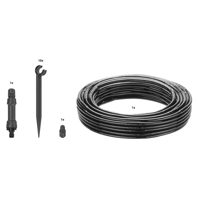 Gardena Micro-Drip Bewässerungs-Set Hecken & Sträucher 25 m Start-Set - Geeignet für: Reihenbewässerung, Pflanzreihen bis 25 m, Schlauchlänge: 25 m - Das Bild zeigt ein Bewässerungsset mit einem Schlauch, einer Kupplung, einem Endstopfen und 15 Erdspießen zur Fixierung des Schlauches.