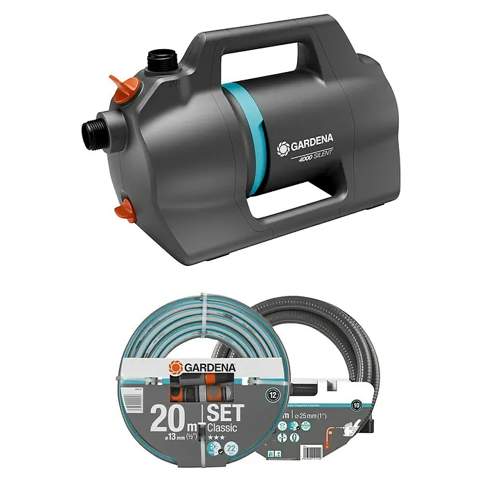 Gardena Gartenpumpe 4100 Silent Set - 550 W, Max. Fördermenge: 4.100 l/h - Gardena 4000 Silent Gartenpumpe und ein 20m Classic Schlauchset, ideal für die Gartenbewässerung und Wasserförderung.