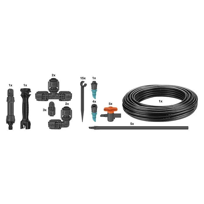 Gardena Micro-Drip Bewässerungs-Set Gemüse-/Blumenbeet Start-Set - Passend für: Gemüse- & Blumenbeete bis 40 m² - Das Bild zeigt ein Bewässerungsset mit verschiedenen Komponenten wie Rohren, Verbindungsstücken und Ventilen für die Gartenbewässerung.