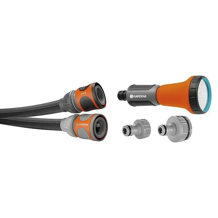 Gardena Gartenschlauch Liano Life - 10 m, Schlauchdurchmesser: 13 mm - Gardena Schlauchverbinder, eine Sprühdüse und Anschlüsse in Grau und Orange zur Montage.