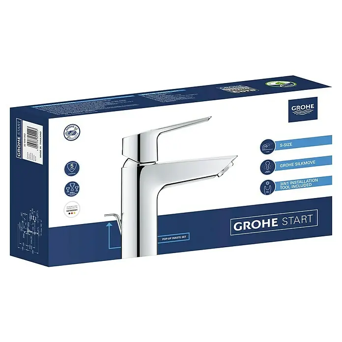 Grohe QuickFix Waschtischarmatur Start S-Size - Chrom, Glänzend - Nahaufnahme der Verpackung eines Grohe Start Waschtischarmatur-Sets, das die wichtigsten Merkmale und das Produktdesign hervorhebt.