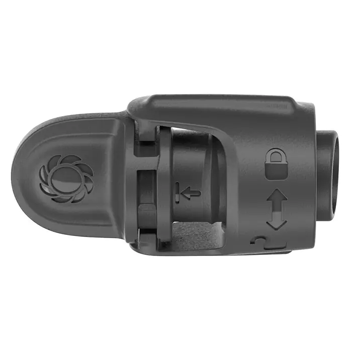 Gardena Micro-Drip Verschlussstopfen - ½″, 5 Stk. - Nahaufnahme eines schwarzen Produktes mit Symbolen für Drehung und Schlossfunktion, vermutlich ein Befestigungselement.