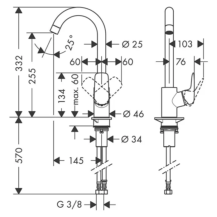 Hansgrohe Spültischarmatur Logis 260 - Chrom, Glänzend - Maßzeichnung eines Wasserhahns mit detaillierten Angaben zu Höhe, Durchmesser und Winkel. Ideal für Badplanung und Installation.