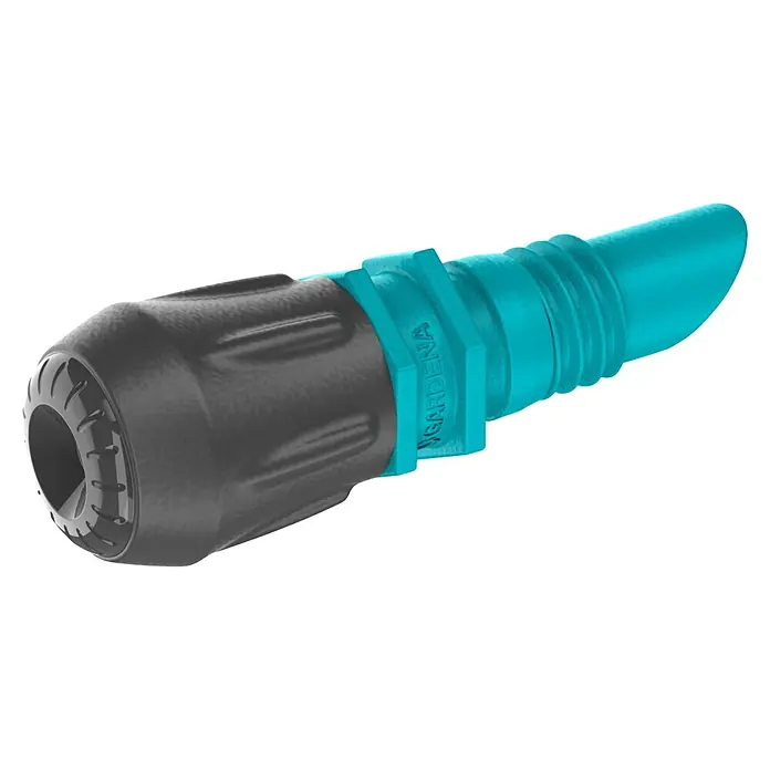 Gardena Micro-Drip Nebeldüse - 1/2" x 13 mm - Nahaufnahme einer GARDENA Schlauchkupplung mit schwarzem Griff und blauem Anschlussstück, ideal für die Gartenbewässerung.