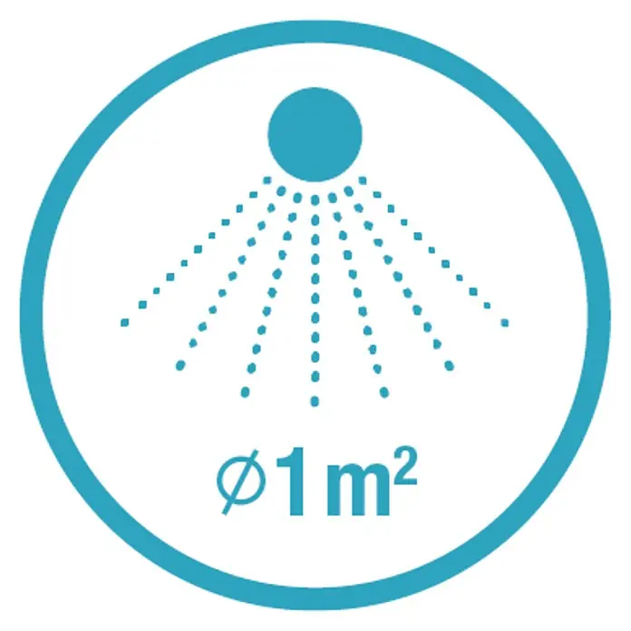 Gardena Micro-Drip Nebeldüse - 1/2" x 13 mm - Symbol für eine Sprühvorrichtung, die eine Fläche von 1 m² abdeckt, dargestellt in einem blauen Kreis mit Sprühmuster und Flächenangabe.