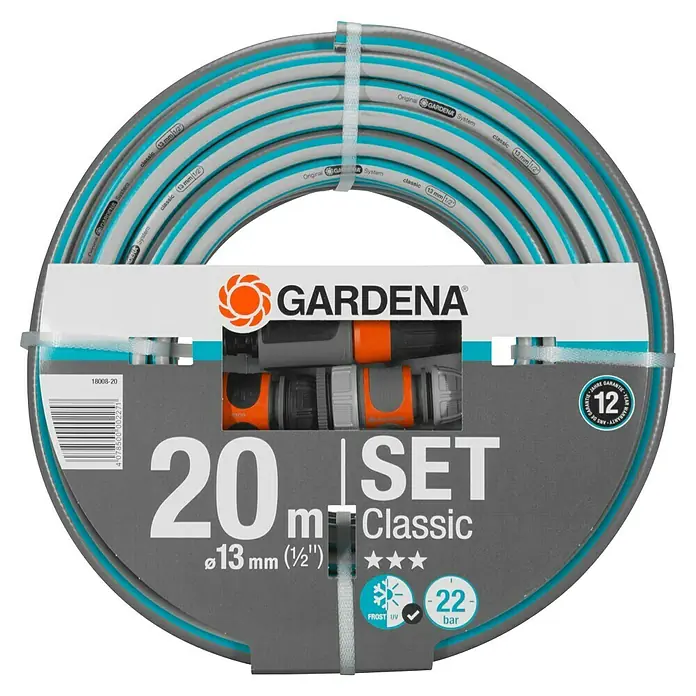 Gardena Gartenpumpe 4100 Silent Set - 550 W, Max. Fördermenge: 4.100 l/h - Abbildung einer Gardena Classic Schlauchwagen-Set-Packung mit 20 m Schlauchlänge und 13 mm Durchmesser. Das Set beinhaltet nützliches Zubehör.