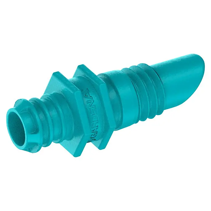 Gardena Micro-Drip Endtropfer - 25 Stk., Max. Wasserdurchfluss: 2 l/h - Nahaufnahme eines türkisfarbenen Gardena-Schlauchverbindungsstücks, das zur Verbindung von Gartenschläuchen verwendet wird und eine sichere, wasserdichte Verbindung ermöglicht.