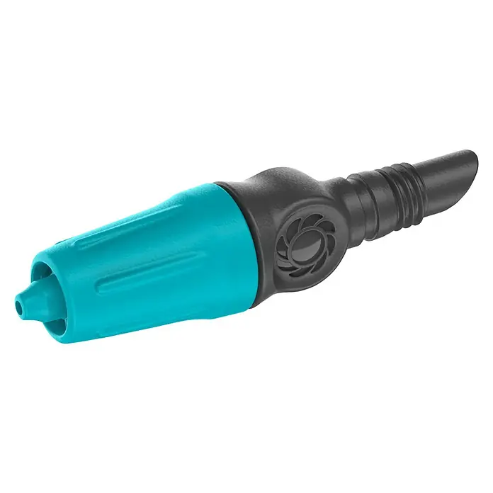 Gardena Micro-Drip Regulierbarer Endtropfer - 10 Stk., Max. Wasserdurchfluss: 15 l/h - Nahaufnahme einer Aqua-farbenen GARDENA-Gartenspritze mit grauem Griffstück. Praktisches Zubehör für die Gartenbewässerung.