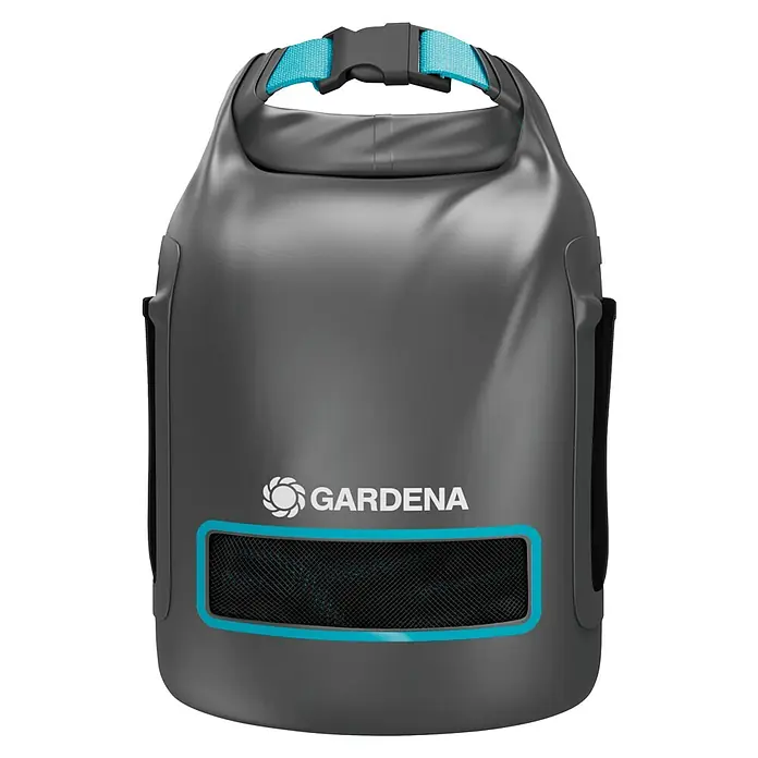 Gardena Gartenschlauch Liano Xtreme Set mit Hahnverbinder & Aufbewahrungstasche - 7 -tlg., Kunststoff - Grauer Gardena-Rucksack mit türkisfarbenen Akzenten, ideal für den Transport von Gartengeräten und Zubehör. Robust und praktisch.