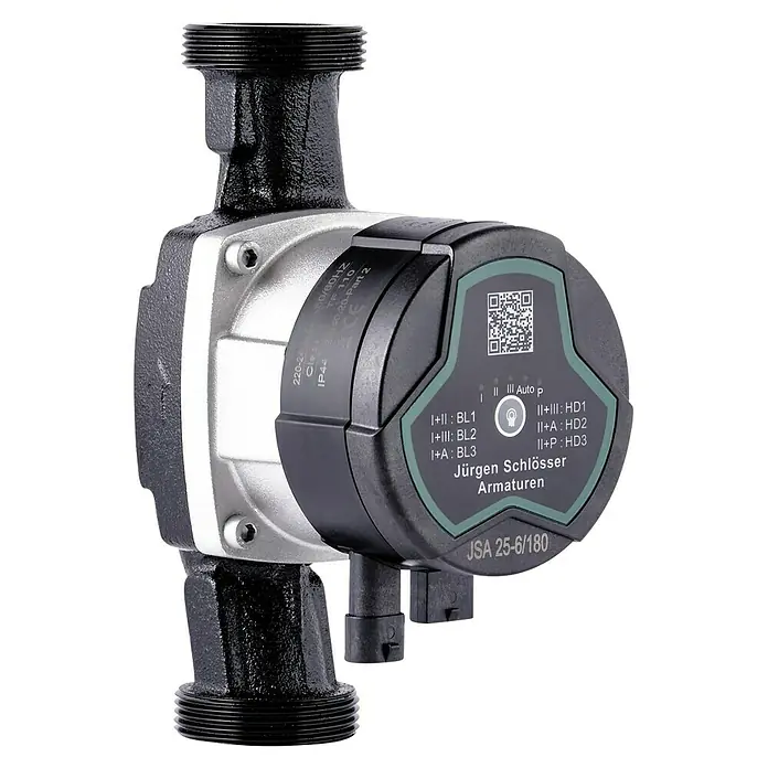 Umwälzpumpe JSA 25-6/180 - Leistung: 39 W, Einbaulänge: 18 cm, Förderhöhe: 6 m - Nahaufnahme einer Jürgen Schlösser Armaturen JSA 25-6/180 Heizungspumpe mit detaillierten technischen Informationen.