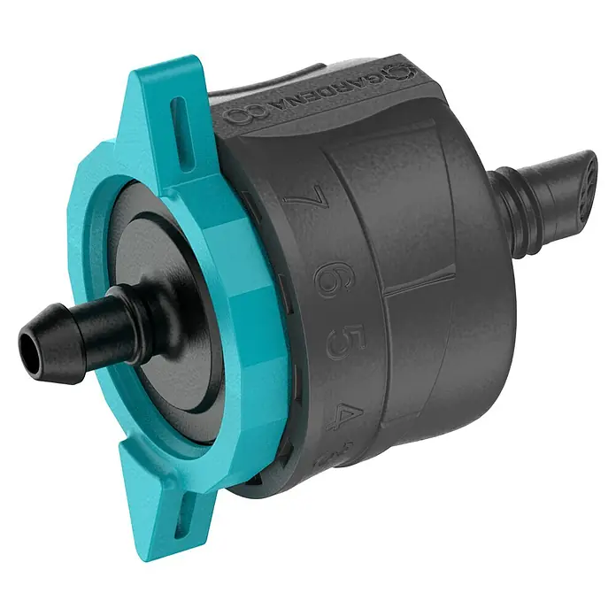 Gardena Micro-Drip Endtropfer druckregulierend - 5 Stk., Max. Wasserdurchfluss: 8 l/h - Nahaufnahme einer GARDENA Endtropfers zur präzisen Bewässerung, ideal für Pflanzenreihen und Gärten. Perfekt für sparsamen Wasserverbrauch.