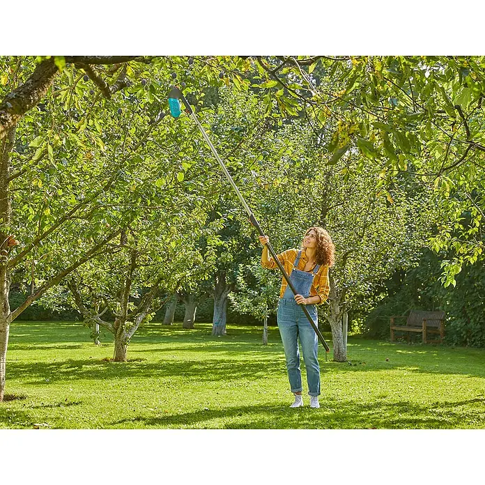 Gardena Combisystem Obstsammler Set mit Teleskopstiel - Fassungsvermögen: 0,8 l - Frau erntet mit einem blauen Obstpflücker Äpfel im Garten, umgeben von üppigem Grün. Praktisches Gartenzubehör für die Obsternte.
