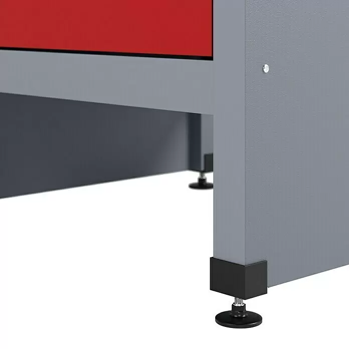 Küpper Werkbank - L x B: 60 x 170 cm, Arbeitshöhe: 84 cm, Belastbarkeit: 300 kg, Anzahl Schubladen: 6 Stk., Rot/Silbergrau - Unterer rechter Abschnitt eines grauen Industrieschranks mit schwarzen verstellbaren Nivellierfüßen.