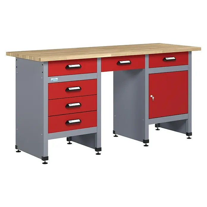Küpper Werkbank - L x B: 60 x 170 cm, Arbeitshöhe: 84 cm, Belastbarkeit: 300 kg, Anzahl Schubladen: 6 Stk., Rot/Silbergrau - Ein robuster Werkstatttisch mit Schubladen und Schrank bietet viel Stauraum und Arbeitsfläche. Ideal für jede Werkstatt!