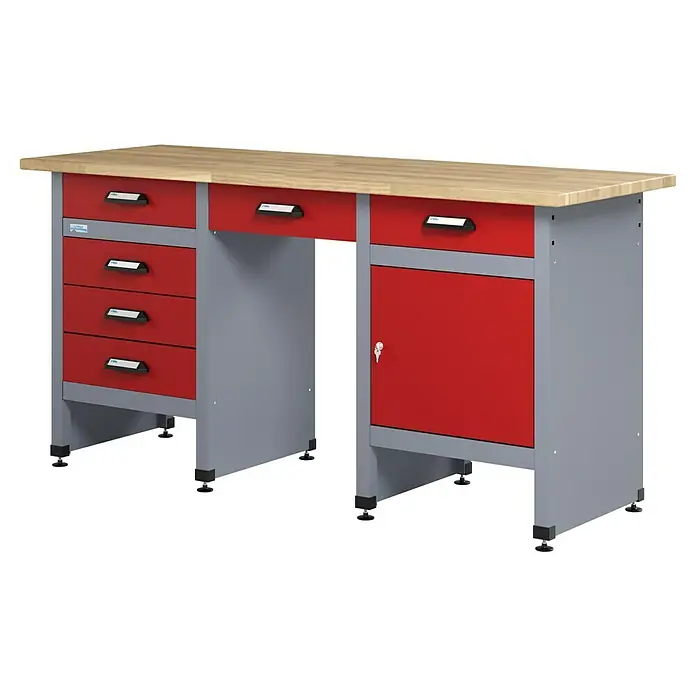 Küpper Werkbank - L x B: 60 x 170 cm, Arbeitshöhe: 84 cm, Belastbarkeit: 300 kg, Anzahl Schubladen: 6 Stk., Rot/Silbergrau - Eine Werkbank mit einer hellen Holzplatte und roten Schubladen sowie einem abschließbaren Schrank auf einem grauen Gestell.