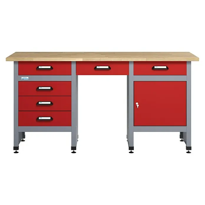 Küpper Werkbank - L x B: 60 x 170 cm, Arbeitshöhe: 84 cm, Belastbarkeit: 300 kg, Anzahl Schubladen: 6 Stk., Rot/Silbergrau - Werkbank mit Schubladen und Schrank zur Aufbewahrung von Werkzeugen und Geräten. Die Werkbank hat eine robuste Arbeitsplatte.